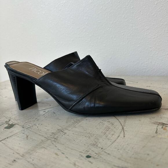 Vintage Nicole Black Leather Mules square toe block heel 90s Y2K minimalist 8 - Picture 8 of 13